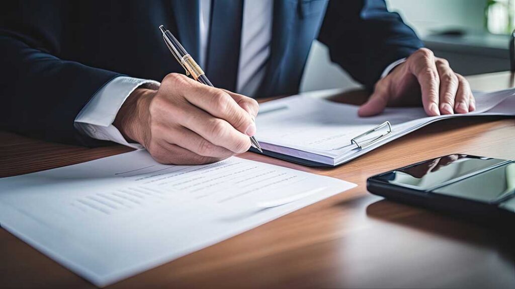 A family reviews home insurance documents together at their dining table with paperwork and a laptop.