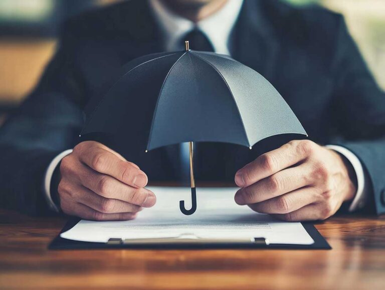 A person reviews an insurance bill and cancellation notice beside a laptop and household documents.